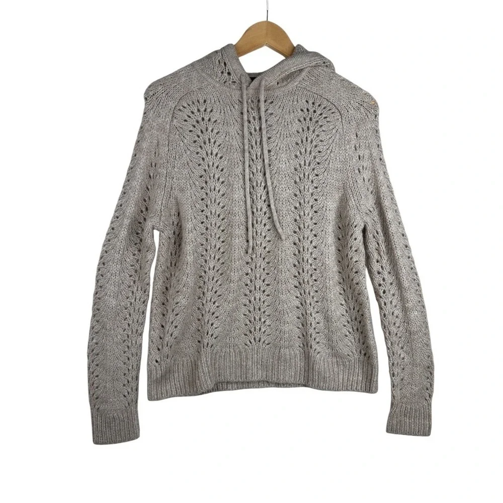 J. Crew Womens Sweater Hoodie In Pointelle Stitch Size Small Biege Alpaca Blend